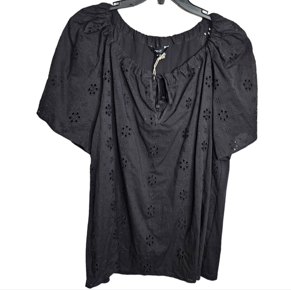 next Tops - Next Women's Black Eyelet Short Sleeve Tassel Tie Neck Blouse Top NWOT Medium